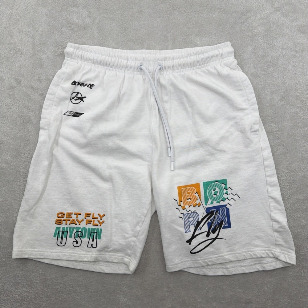 VTG Born Fly Long Shorts Mens White Draw String SZ XL Mixed Media Logo Patch